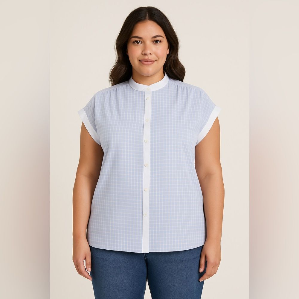 Vintage C&A Blue Checkered Blouse Mandarin Collar Short Sleeve ButtonDown Top 14